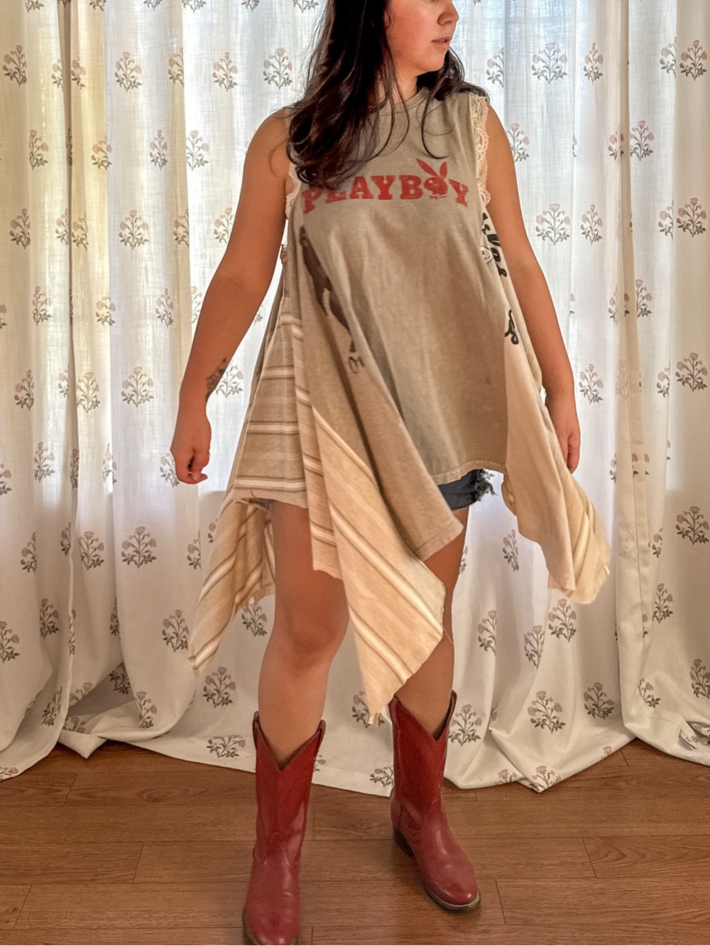 Upcycled PLAYBOY Asymmetrical Tee with Two Ways to Wear